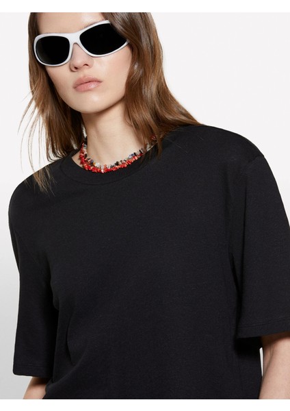 Keten Karışımlı Bisiklet Yaka T-Shirt Kadın Siyah T-Shirt - 325P3UTFL107C indirimleri