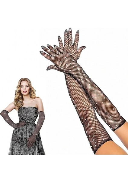 Siyah Renk Incili Elmas Işlemeli File Örgü Uzun Eldiven 45 cm (5324)