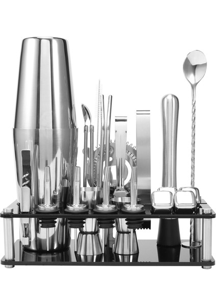 Kokteyl Shaker Seti Akrilik Stand ve Kokteyl Tarifleri ile Boston Paslanmaz Çelik Barmen Kiti Kitapçık (Yurt Dışından)