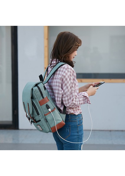 USB Şarj Portlu Retro Naylon Oxford Kumaş Sırt Çantası Dizüstü Bilgisayar Giysileri Çift Omuz Çantası - Açık Altın Fermuarlı / Tavus Kuşu Mavisi (Yurt Dışından) fiyatları