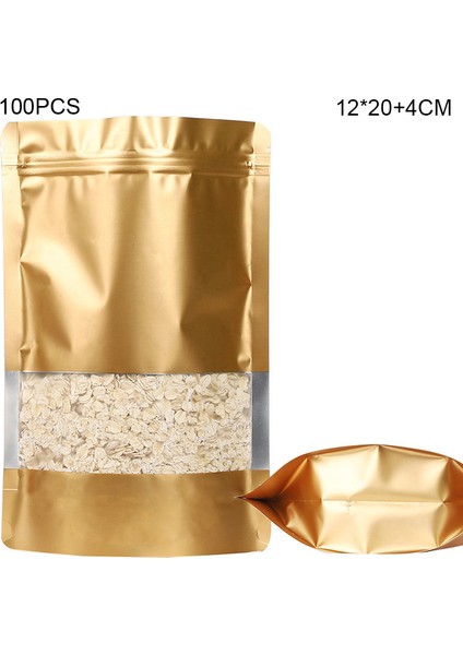 MX-104 100 Adet 12X20CM+4CM 20C Kendinden Yapışkanlı Gıda Poşetleri Şeffaf Pencereli Ayakta Duran Renkli Saklama Poşeti - Altın (Yurt Dışından)