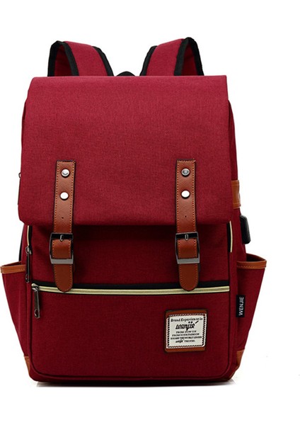USB Şarj Portlu Retro Naylon Oxford Kumaş Sırt Çantası Dizüstü Bilgisayar Giysi Çift Omuz Çantası - Açık Altın Fermuarlı / Şarap Kırmızısı (Yurt Dışından)