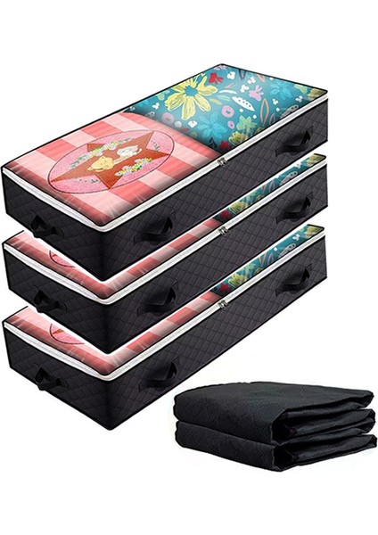 KZ-001001 3 Adet 100*50*15 cm Katlanabilir Yatak Altı Battaniyeleri Giysi Düzenleyici Saklama Çantası Fermuarlı Saklama Kutusu Şeffaf Pencereli - Siyah (Yurt Dışından)