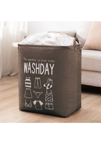 75L 43X33X53CM Bağcıklı Çamaşır Torbası Pamuklu Keten Katlanabilir Çamaşır Torbası - Kahve (Yurt Dışından)