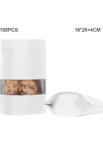 MX-104 100 Adet 18X26CM+4CM Fermuarlı Gıda Poşetleri Renkli Ayakta Duran 20C Saklama Poşeti Şeffaf Pencereli - Beyaz (Yurt Dışından)