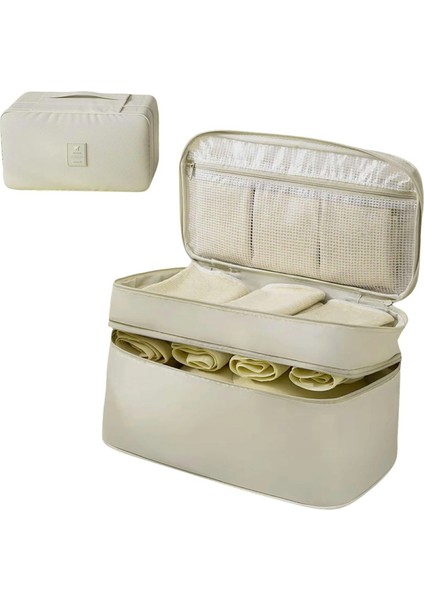 Çift Katmanlı Seyahat Iç Çamaşırı Saklama Çantası Su Geçirmez Taşınabilir Sütyen Düzenleyici Saplı - Bej (Yurt Dışından)