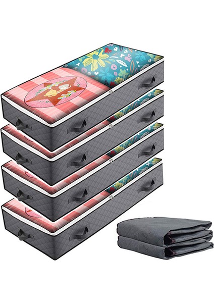 KZ-001001 4 Adet 100*50*15 cm Yatak Altı Fermuarlı Çanta, Saplı, Şeffaf Pencereli, Katlanabilir Battaniye ve Giysi Saklama Kutusu - Gri (Yurt Dışından)