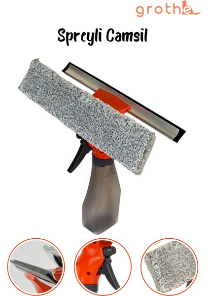 Spreyli Camsil Çekpas Deterjan Su Hazneli Silikonlu Çekçek Microfiber Araba Cam Ayna Temizleyici