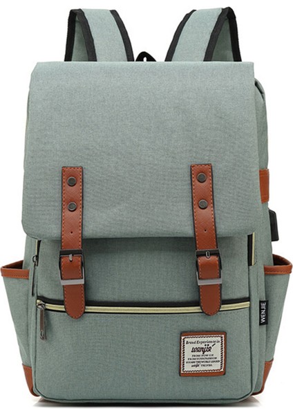 USB Şarj Portlu Retro Naylon Oxford Kumaş Sırt Çantası Dizüstü Bilgisayar Giysi Çift Omuz Çantası - Açık Altın Fermuarlı / Açık Yeşil (Yurt Dışından)