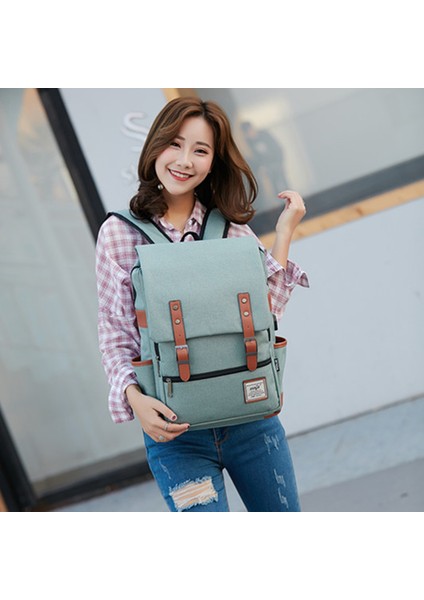 USB Şarj Portlu Retro Naylon Oxford Kumaş Sırt Çantası Dizüstü Bilgisayar Giysi Çift Omuz Çantası - Açık Altın Fermuarlı / Açık Yeşil (Yurt Dışından) modelleri