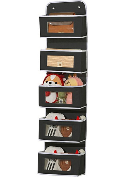 Kapı Üstü Askılı Düzenleyici 5 Katlı Saklama Çantası Şeffaf Pencereli Kumaş Askılı Oyuncaklar ve Çeşitli Eşyalar Için - Siyah (Yurt Dışından)