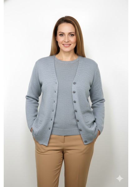 Kadın Anne Hırka Premium Pamuklu Doku Çift Cepli Önü Düğmeli Şık ve Zarif Dalga Motifli