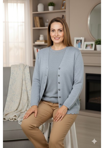 Kadın Anne Hırka Premium Pamuklu Doku Çift Cepli Önü Düğmeli Şık ve Zarif Dalga Motifli indirimleri