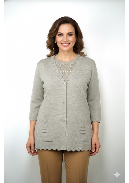 Kadın Anne Hırka Premium Pamuklu Doku Çift Cepli Önü Düğmeli Şık ve Zarif Dalga Motifli