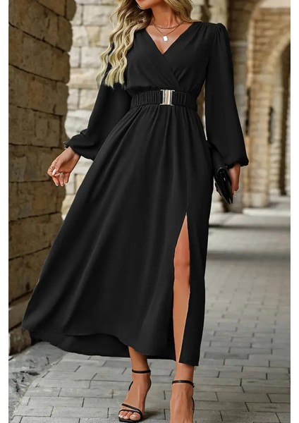 Siyah Kruvaze Yaka Uzun Kollu Maxi Elbise Yırtmaç Detaylı Beli Kemerli Tokalı Abiye fiyatları