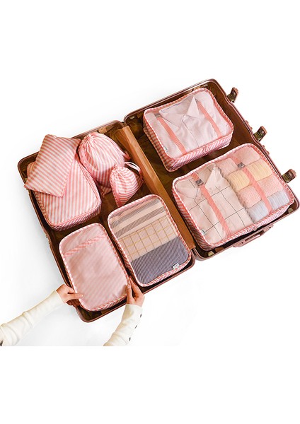 8 Adet/takım Su Geçirmez Büyük Kapasiteli Hafif Seyahat Saklama Çantası - Pembe / Twill Desen (Yurt Dışından)