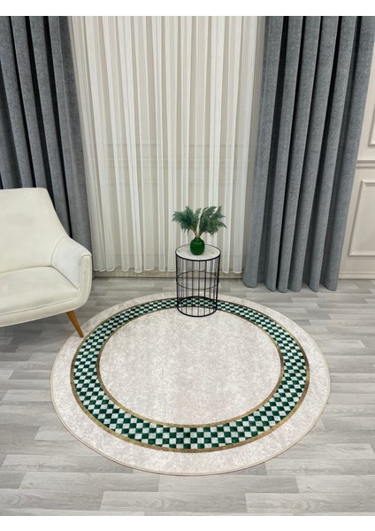 Bej Yeşil Damalı Kaymaz Taban Halı