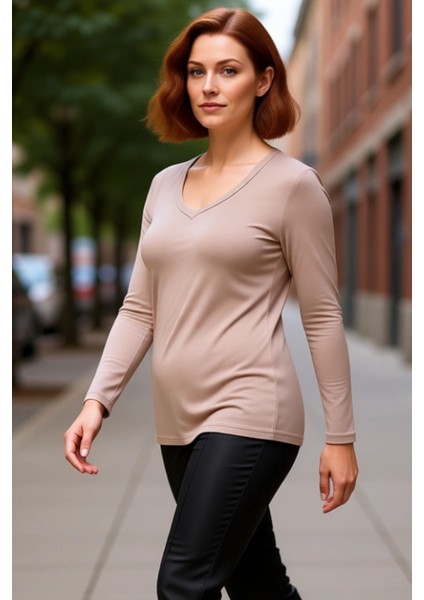 Kadın Fitted V Yaka Uzun Kollu Örme Bluz Kaliteli Şık Rahat Modern Zarif Günlük fırsatları