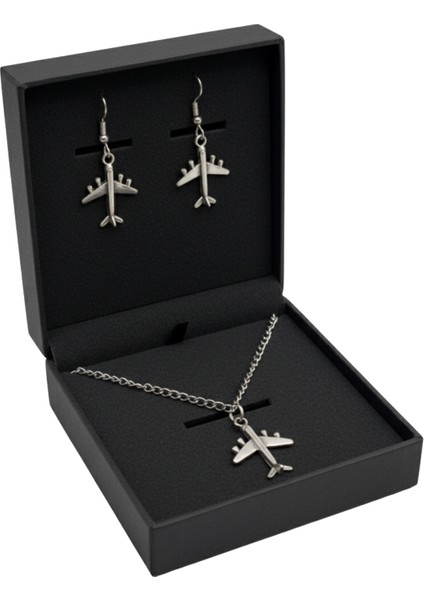 Uçak Figürlü Kolye ve Küpe Seti – 55 cm Çelik Alaşım – Şık Takı Seti