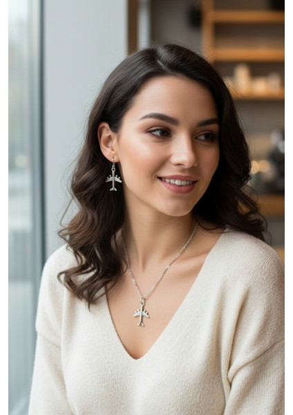 Uçak Figürlü Kolye ve Küpe Seti – 55 cm Çelik Alaşım – Şık Takı Seti modelleri