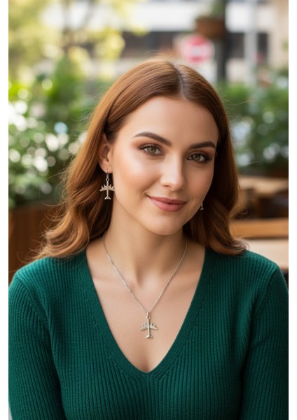 Uçak Figürlü Kolye ve Küpe Seti – 55 cm Çelik Alaşım – Şık Takı Seti fırsatları