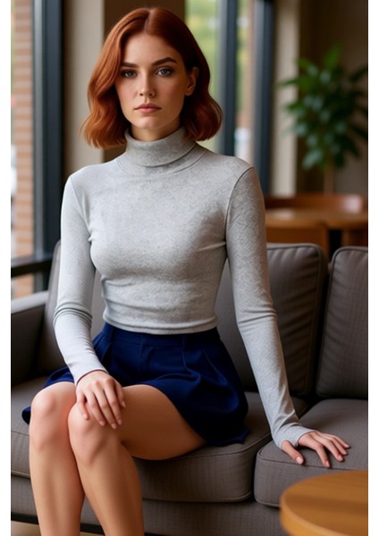 Kadın Şık Crop Balıkçı Yaka Slim Kalıp Örme Fitted Vücuda Oturan Parmak Detaylı Fitilli Esnek Bluz