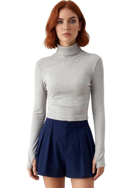 Kadın Şık Crop Balıkçı Yaka Slim Kalıp Örme Fitted Vücuda Oturan Parmak Detaylı Fitilli Esnek Bluz fiyatları