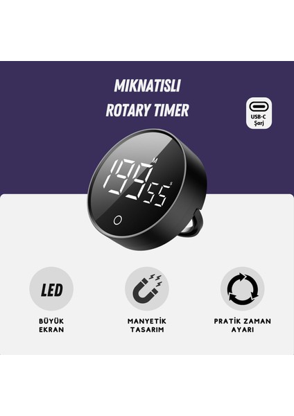 RT-1 Mıknatıslı Zamanlayıcı, Mutfak Kronometresi, Pomodoro, Öğrenci Ders Çalışma Saati - Siyah
