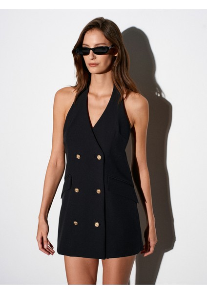 90931 Halter Yaka Mini Elbise-Siyah