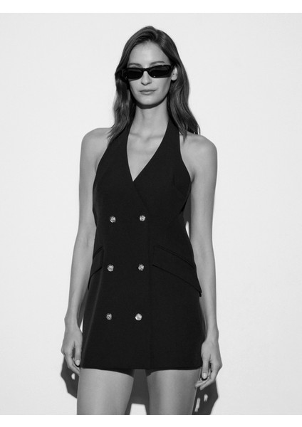 90931 Halter Yaka Mini Elbise-Siyah indirimleri