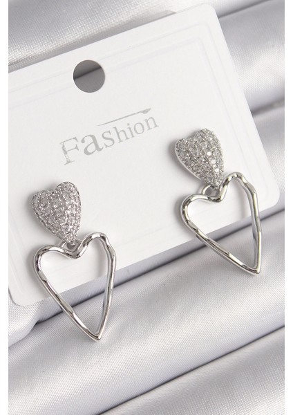 Bfs Pirinç Gümüş Renk Zirkon Taşlı Kalp Model Kadın Küpe