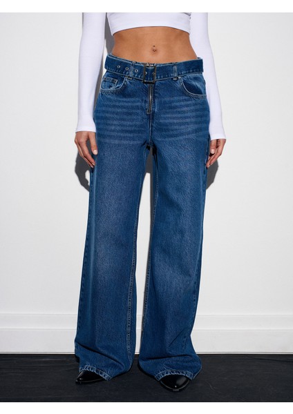 72076 %100 Pamuk Kemerli Wide Leg Jean-Mavi