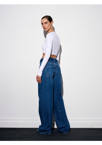 72076 %100 Pamuk Kemerli Wide Leg Jean-Mavi fiyatları