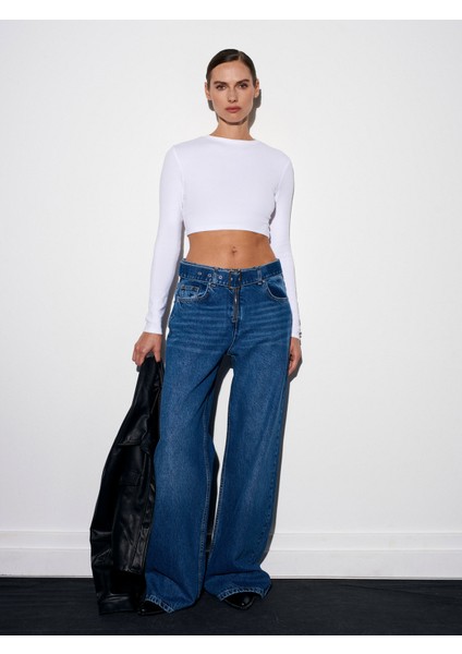 72076 %100 Pamuk Kemerli Wide Leg Jean-Mavi fırsatları