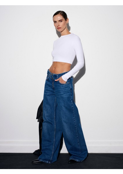 72076 %100 Pamuk Kemerli Wide Leg Jean-Mavi indirimleri