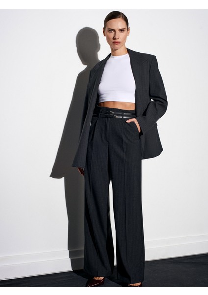 72197 Kemerli Yüksek Bel Pantolon-Antrasit