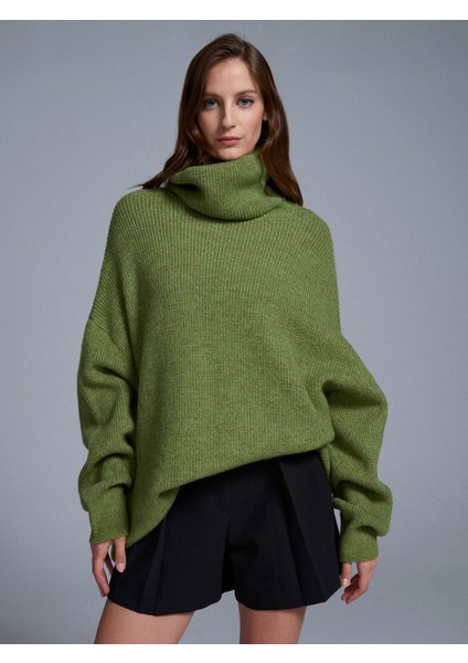 2268 Balıkçı Yaka Oversize Kazak-Açık Yeşil