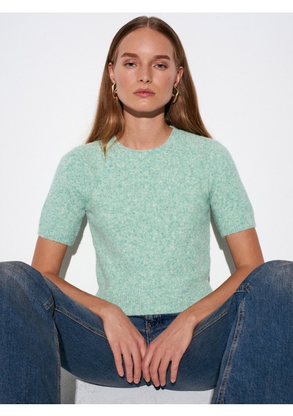 10651 Yün Karışımlı Kısa Kollu Triko Kazak-Mint