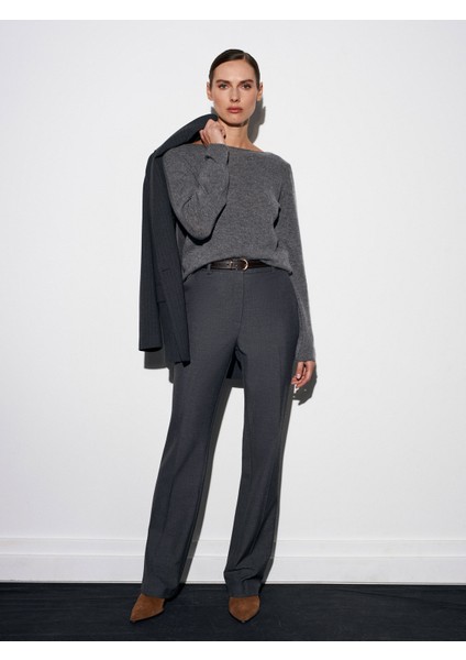 72208 Kemerli Melanlı Kumaş Pantolon-Antrasit