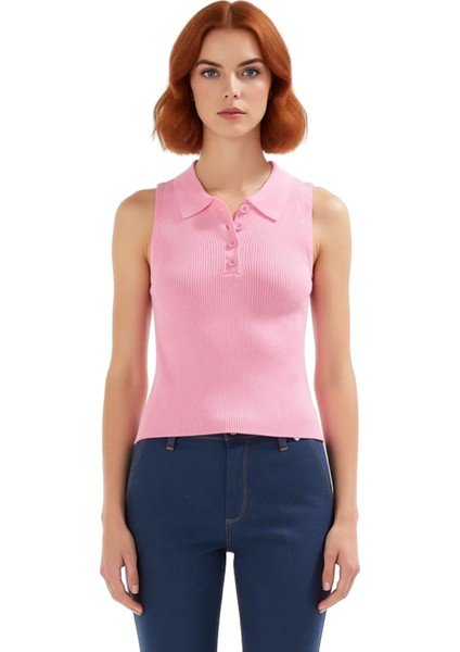 Yazlık Kolsuz Triko Bluz Fitilli Polo Yaka Regular Özel Tasarım Profesyonel Görünüm