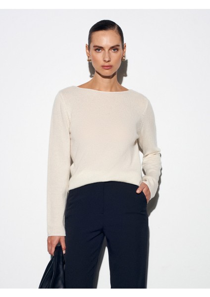 %100 Kaşmir Kayık Yaka Kazak-Ekru