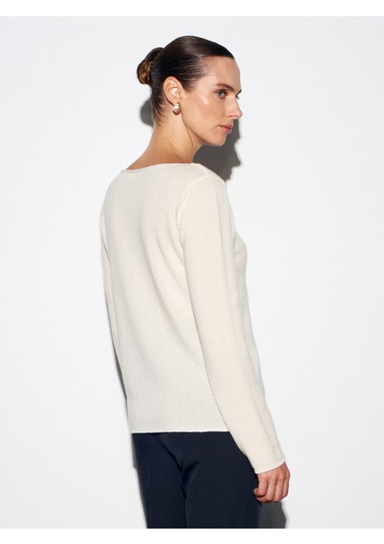 %100 Kaşmir Kayık Yaka Kazak-Ekru fiyatları