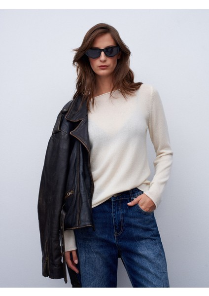 %100 Kaşmir Kayık Yaka Kazak-Ekru modelleri