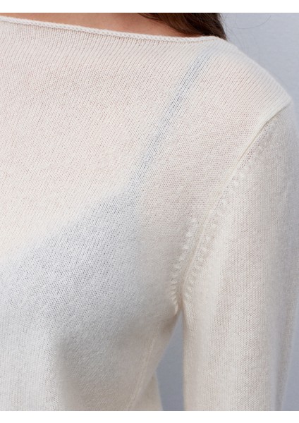 %100 Kaşmir Kayık Yaka Kazak-Ekru fırsatları