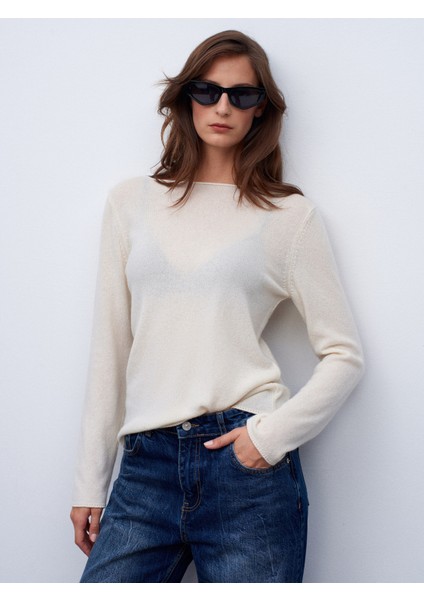 %100 Kaşmir Kayık Yaka Kazak-Ekru indirimleri