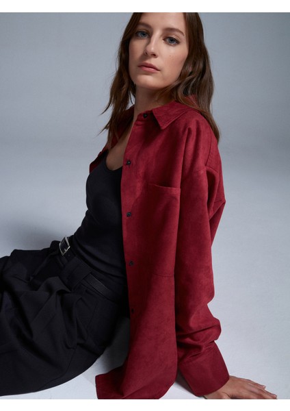 50532 Çıtçıtlı Süet Gömlek-Bordo
