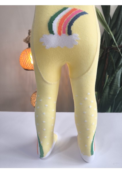 Kız Bebek Çocuk Külotlu Çorap Pamuklu Terletmez Canlı Renkler Gökkuşaklı Sarı Tekli indirimleri