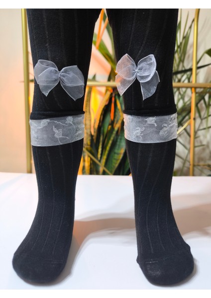 Kız Bebek Çocuk Külotlu Çorap Pamuklu Fiyonklu Tüllü Fitilli Kokulu Siyah