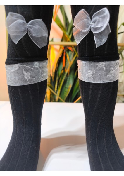Kız Bebek Çocuk Külotlu Çorap Pamuklu Fiyonklu Tüllü Fitilli Kokulu Siyah