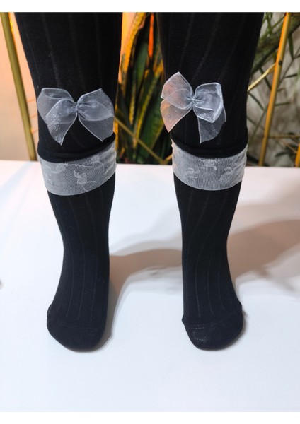 Kız Bebek Çocuk Külotlu Çorap Pamuklu Fiyonklu Tüllü Fitilli Kokulu Siyah